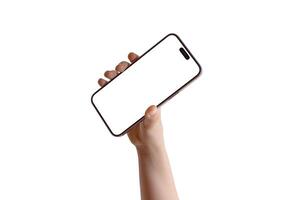 Hand raising a smartphone in the air, screen facing forward, isolated display for app, design, or interface promotion, set against a white background photo