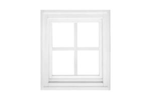 Modern single wing white square window divided into four sections, isolated inside and outside, designed as a clean graphical element photo