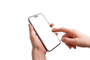 Close-up of a smartphone held vertically, with a child's right hand interacting with the screen. Isolated display and background, ideal for mobile app or game previews photo