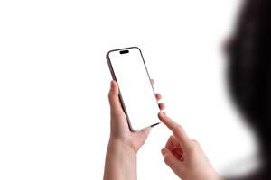 Woman holds a smartphone, touching the screen. Mockup with an isolated white background for app design, technology, or digital interface photo