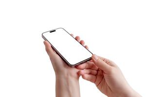 Woman holds a modern smartphone with a soft skin texture. Low-angle view, isolated screen and background, perfect for app mockup photo