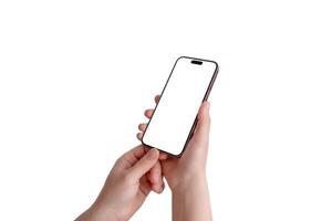 Close-up of hands holding a smartphone with an isolated screen and background. Angled view from the right, perfect for app mockups or digital design photo