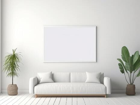 White sofa and a blank picture frame in a room photo