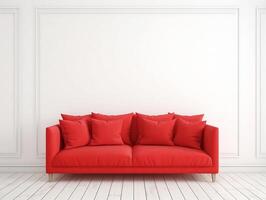 Red sofa in empty room with white walls photo