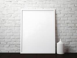 Blank white frame on a brick wall with a vase photo