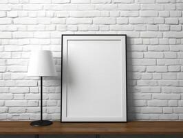 Blank white frame on a table with lamp photo