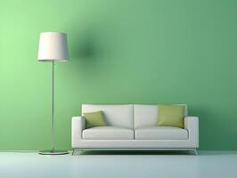 A green wall with a white couch and lamp photo
