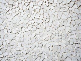 A white wall with many pieces of broken tiles photo