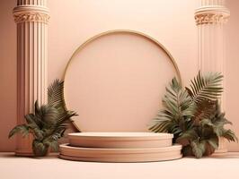 An empty stage with columns and a round circle photo