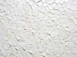 A white wall with broken pieces of white tiles photo