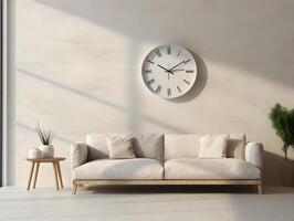 A white sofa and a clock in front of a window photo