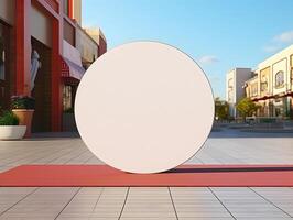 A large white round sign on the ground in front of a building photo