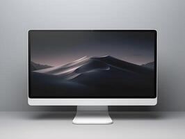 A computer monitor with a mountain scene on it photo
