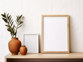 Mockup of empty frame on a shelf with vases and plant photo
