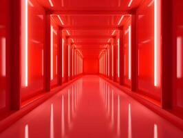 Red neon lights in a long hallway photo