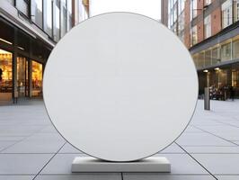 A white round sign on the ground in front of a building photo