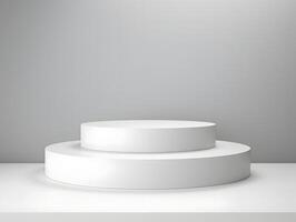 White pedestal on a table with a gray background photo