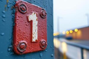 Number one sign fixed on a rusty metal surface with blurred background photo