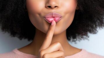 black woman putting finger on her lips making thinking gesture with mischievous smirk photo