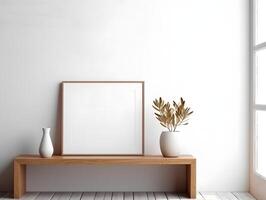 A blank frame sits on a wooden bench in front of a window photo