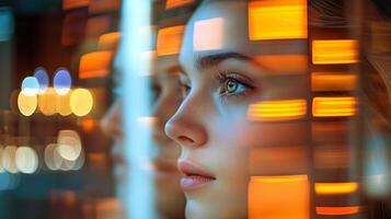 woman looking through futuristic digital interface with glowing light reflection photo