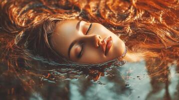 Beautiful woman with long auburn red hair floating in water photo