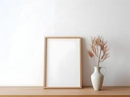 Mock up of a wooden frame with a vase of dry grass on a table photo