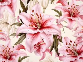 Seamless pattern with pink lilies on a beige background photo
