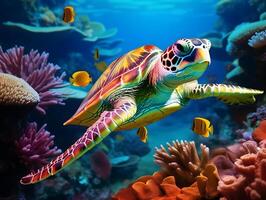 A colorful turtle swimming in the ocean with coral reefs photo