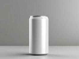 A white can of soda on a table with a gray background photo