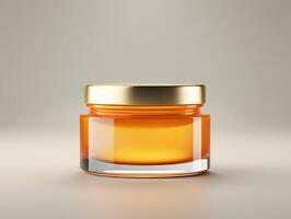 A jar of honey with a golden lid on a gray background photo