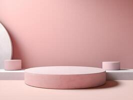 Round concrete pedestal with pink wall and round mirror on the wall photo