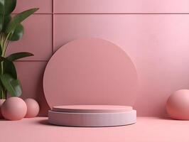 Pink round table with plants and a round mirror photo