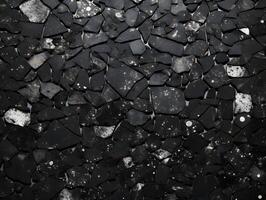 A black and white photo of a wall with many pieces of stone