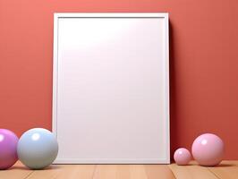 3d render of easter eggs and empty frame on wooden floor photo