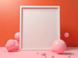 A blank white frame with pink balloons on a pink background photo