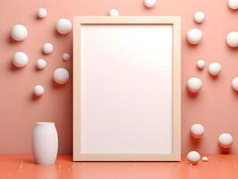 A blank frame with white balls on a pink background photo