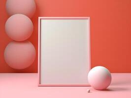 3d render of a blank frame with a white egg and pink balls photo