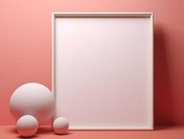 A blank white frame and two balls on a pink background photo