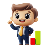 3D render Business man wearing formal suit, with growth and decline column isolated on transparent background png