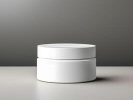 White jar with lid on a table photo