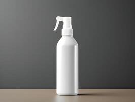 White spray bottle on a table with a gray background photo