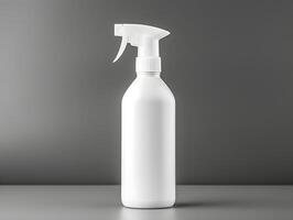 White spray bottle with a spray nozzle on a gray background photo