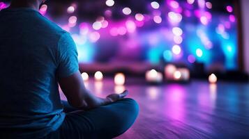Man meditating in lotus pose with candles and bokeh lights photo