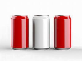 Three red and white cans on a white background photo