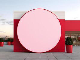 A large round sign on a red building photo