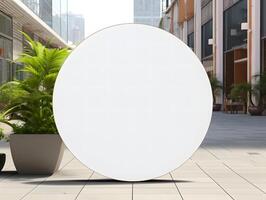 A white round table with a plant in front of it photo