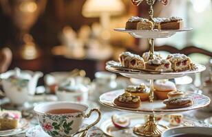 Elegant table setting for tea party with cakes and cupcakes in English manor. Vintage style. photo