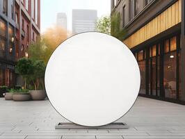 A large white round sign on a street photo