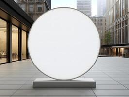 A large white oval sign on a pedestal in front of a building photo